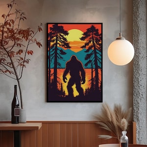 Sunset Bigfoot Silhouette Poster Sunset Wall Art For Cryptid Lover Quirky Sasquatch Poster Gift For Conspiracy Fan Bigfoot Housewarming Gift