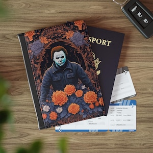 Halloween-Passhülle mit Blumenmuster, Veganer Leder-Passhülle, 90er Jahre Retro Vibe Reise-Accessoire, Buntes Halloween-Geschenk für Horror-Fan