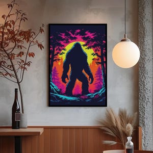Bigfoot Silhouette Poster Sunset Wall Art For Cryptid Lover, Quirky Sasquatch Large Poster Gift For Conspiracy Fan Bigfoot Housewarming Gift
