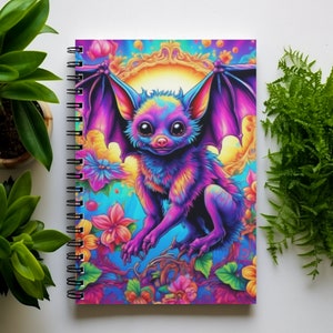 Könnte beinhalten: Ein spiralgebundenes Notizbuch mit einer farbenfrohen Illustration einer lila und blauen Fledermaus mit großen Augen und Flügeln. Die Fledermaus ist von Blumen und einer gelben Sonne umgeben.