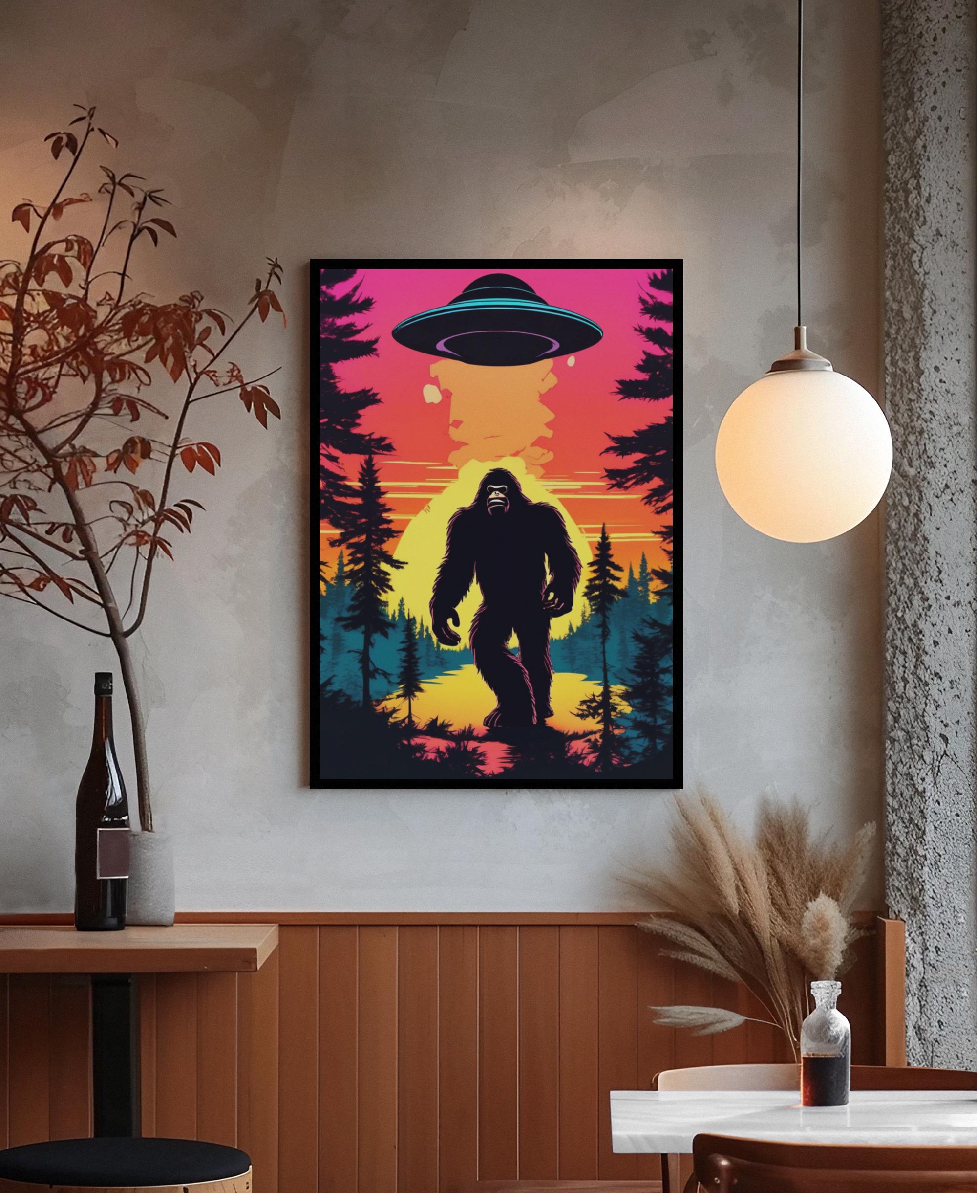 UFO Ape Planet Poster Sunset Wall Art For Cryptid Lover, Quirky Flying Saucer Large Poster Gift For Conspiracy Fan Bigfoot Housewarming Gift
