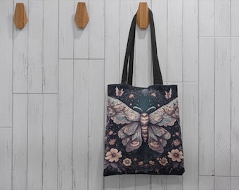 Draagtas met gotische bloemenvlinder, draagtas spookachtig seizoen canvas, draagtas Halloween, tas Witchy Trick or Treat, esthetiek goth, Halloweencadeau