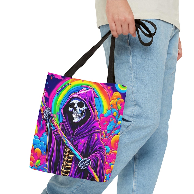 Sack Reaper Colorful Grim Reaper Tote, Spooky Season Canvas Tote Bag, 90s Retro ...