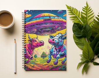 Quirky UFO Cow Spiral Notebook | Gift for Halloween | Lined Notebook | 90s Retro Diary | Alien Journal | School Supplies | Conspiracy Theory