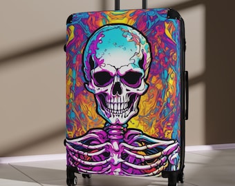 Colorful Skull Suitcase, Locking Travel Luggage, Halloween Carry-On, Unique Colorful Design, Skeleton Vacation Bag Trendy Spooky Travel Gear