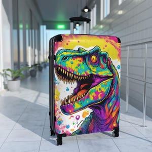 カラフルな恐竜スーツケース、子供と大人用のロック付き旅行用荷物、ユニークなTレックスキャリーオン、休暇や休日に最適なギフト