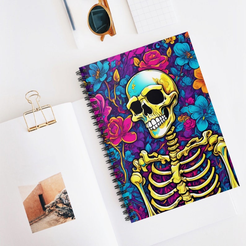 Floral Skeleton Spiral Notebook Gift for Halloween Lined Notebook 90s
