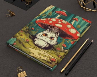 Mushroom Cat Journal, Cute Hardcover Notebook for Cat Lovers, Whimsical Journal, Gift for Writers, Mushroom Theme Design, Cottagecore Gift
