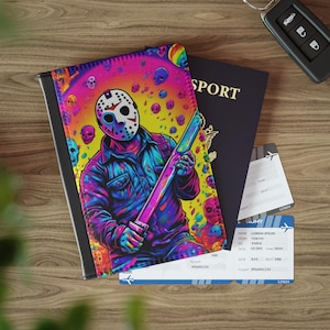 Rainbow Jason Passport Cover, Vegan Leder Passhülle, 90er Jahre Retro Vibe Reise-Accessoire, Buntes Halloween Geschenk für Horror Fan