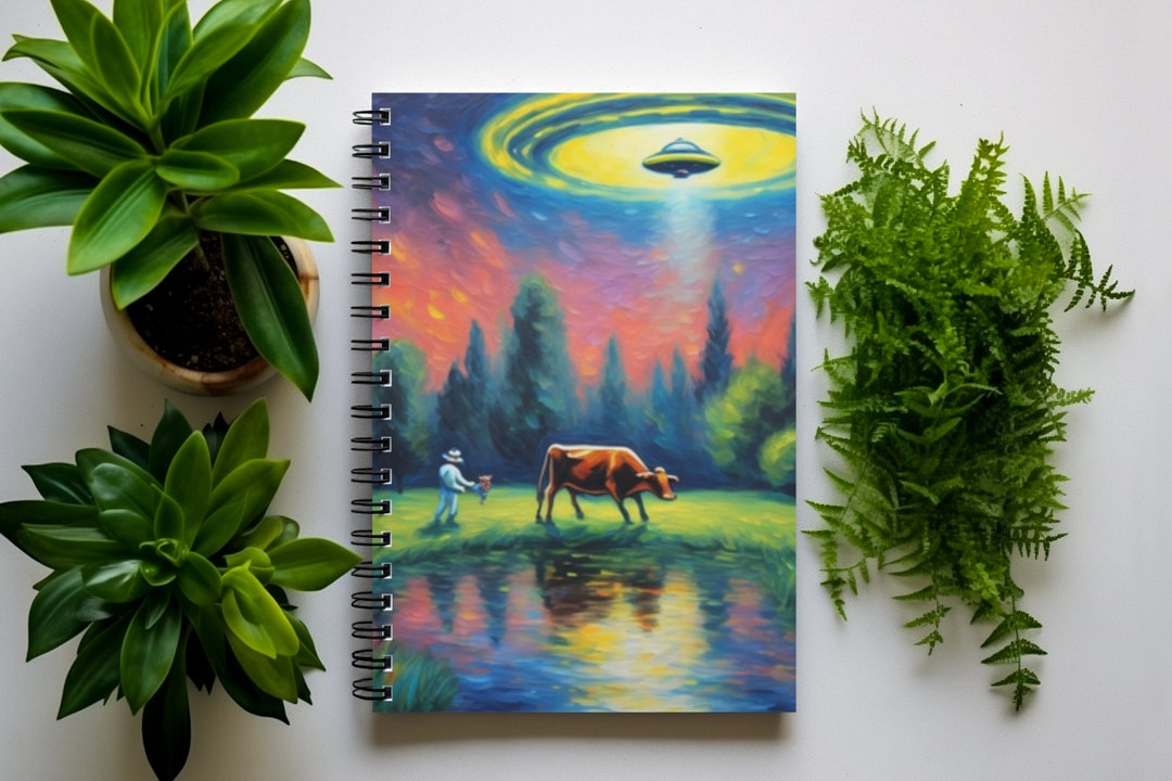 Flying Saucer Cow Spiral Notebook, Quirky Lined Notebook Diary, Alien ...