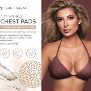 May include: Two clear silicone chest pads with the text "SKIN SAUVAGE" printed on them. The pads are designed to reduce the appearance of wrinkles on the chest. The product description reads "ANTI-WRINKLE CHEST PADS 100% MEDICAL GRADE SILICONE REWIND FINE LINES & LET YOUR SKIN SHINE Don't let your chest give your age away. Restore youthful skin with these wrinkle-banishing pads. CONTAINS 2 CHEST PADS".