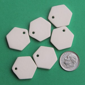 May include: Seven off-white, hexagonal ceramic tags with a small hole at the top, arranged on a green surface. A U.S. dime is included for size comparison. The tags have a smooth, matte finish.