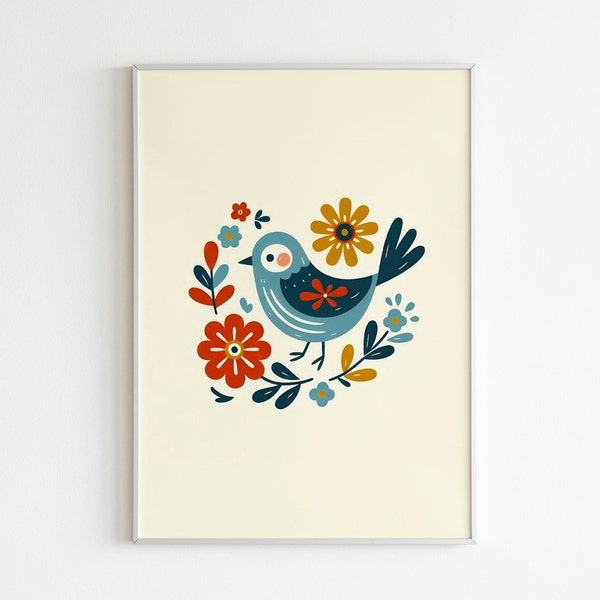 Charming Folk Art Bird Print, Colorful Floral Home Decor, Nature-Inspired Wall Art, Bluebird Illustration, Vibrant Floral and Bird Wall Art