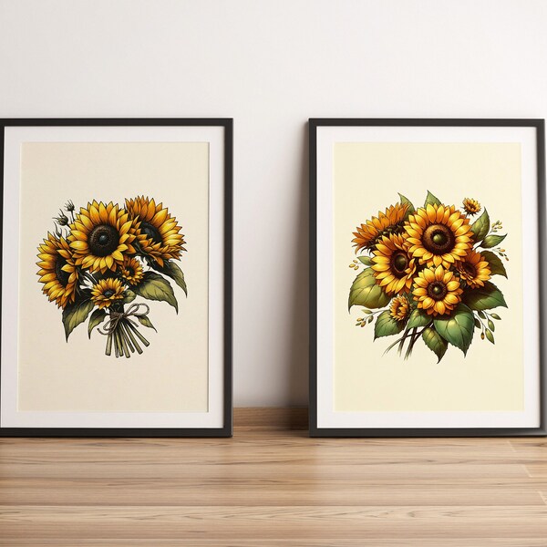 Sunflower Decor Print — Rustic Farmhouse Wall Art, Vintage Botanical Illustration, Flower Kitchen Artwork, Bouquet Print, Rustic Farmhouse