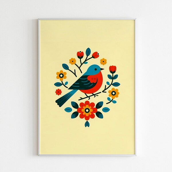 Colorful Folk Art Bird Illustration, Vintage Style Floral Bird Design, Decorative Spring Season Birds, Home Decor Crafts, Nature-Themed