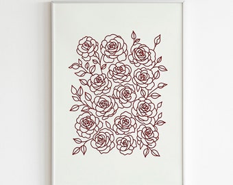 Elegant Red Rose Pattern Illustration - Vintage Floral Design with Intricate Blooms and Leaves for Textiles, Wallpapers, and Decorative Art
