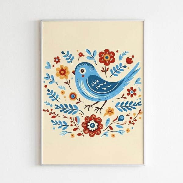 Charming Blue Folk Art Bird with Floral Elements: Handcrafted Vintage Style Illustration, Colorful Nature-Themed Artwork for Home Decor