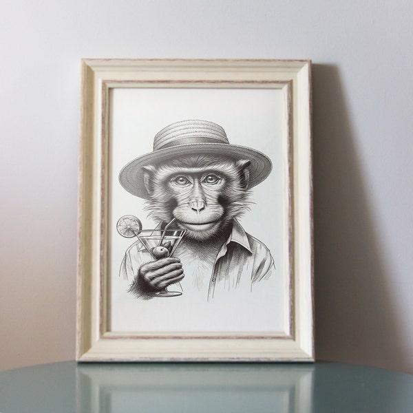 Vintage Art of Monkey Drawing Poster, Stylish Macaque with Cocktail in Straw hat, Unique Home Bar Decor, Exotic Animal Illustration for Wall