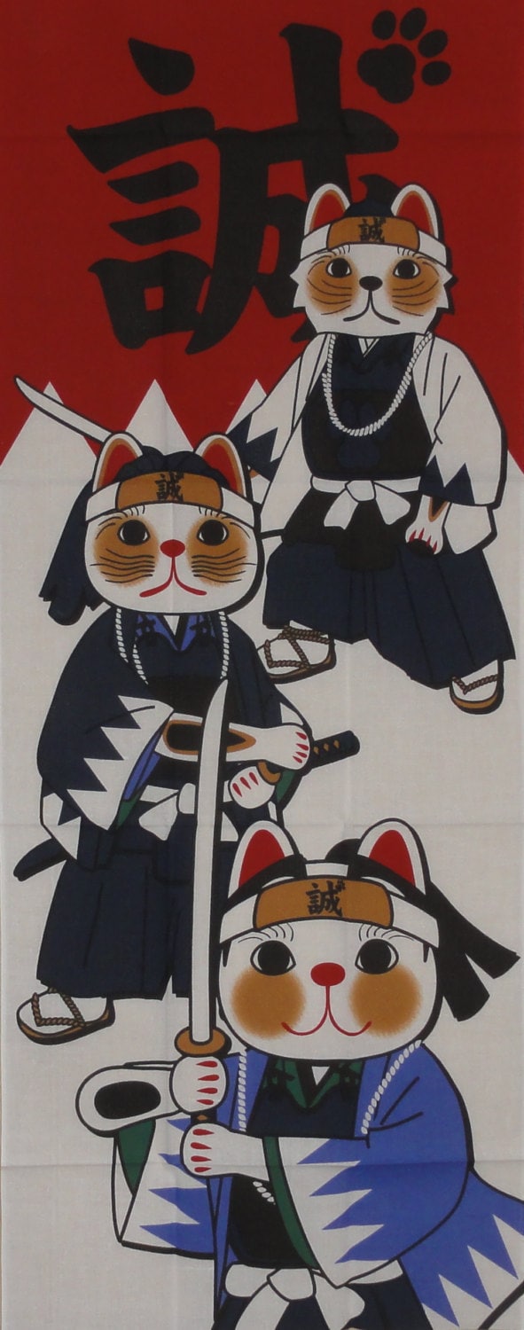 Kawaii Fabric Maneki Neko Samurai  Motif  Japanese Tenugui 