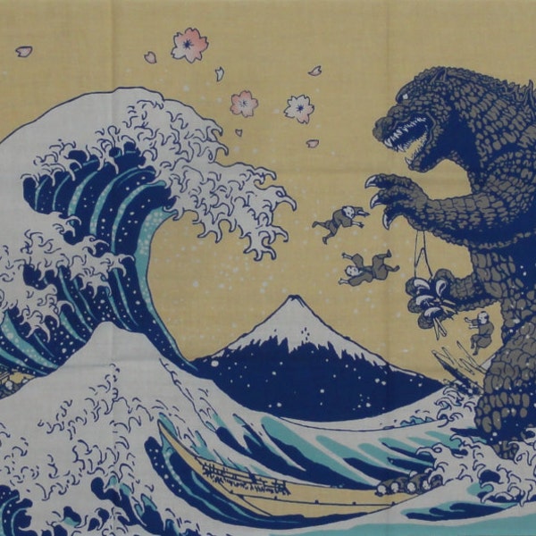 Godzilla Fabric Kaiju Tenugui 'Godzilla & Hokusai's Great Wave w/Sakura' Hokusai Japan Gojira Cotton w/Free Insured Shipping