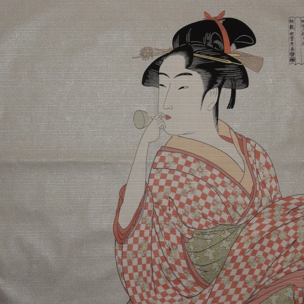 Furoshiki Utamaro's 'Young Woman Blowing a Glass Pipe' Cotton Japanese Fabric Japanese Art Reproduction Fabric