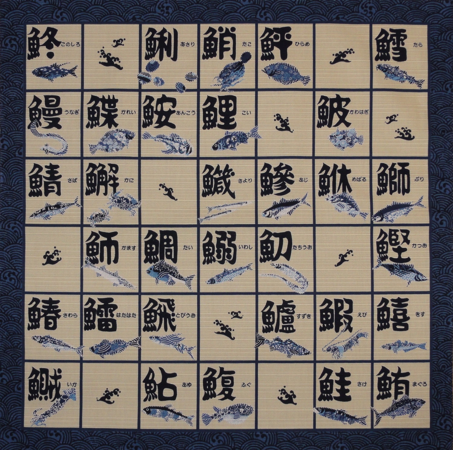 Furoshiki Kanji/Hiragana Fish Grid Motif Cotton Japanese Sushi Etsy