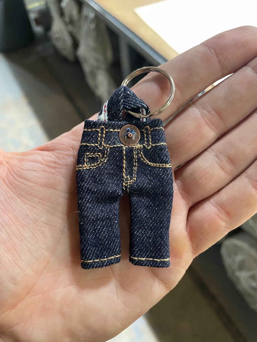 Milk Selvedge, Tiny Pants Keychain W/ Milk Colored Chain Stitch Hem