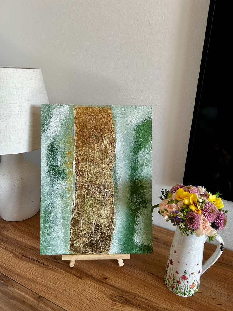 Emerald Flux Gold Leaf & Acrylic, Textured Abstract Canvas, Nature-Inspired Art Bild 2