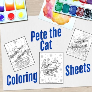 May include: Three black and white colouring sheets featuring Pete the Cat. The first sheet shows Pete the Cat as a DJ with a pizza. The second sheet shows Pete the Cat in a chimney with presents. The third sheet shows Pete the Cat dancing at a disco.