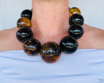 Huge Graduated Amber Round Bead Necklace. Dramatic and Gorgeous!