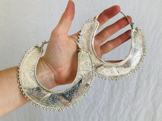Earrings Hoop Afghan Kuchi Tribal Alpaca Silver 3" Earrings Hoop Afghan Kuchi Tribal Alpaca Silver 3"