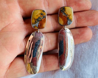 Maligano Jasper Earrings with Squash Blossoms. Sterling Silver. 2889
