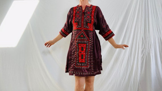 Vintage Balochi Hand-Embroidered Satin Dress. XS-S