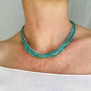 Turquoise Multi-Strand Choker Necklace. Tiny Turquoise Heishi and Sterling Silver