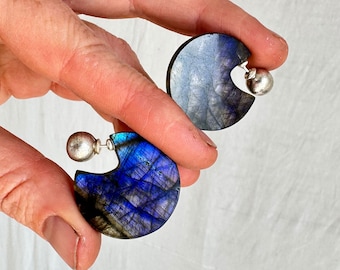 Labradorite Flat Hoop Earrings. Violet. Sterling Silver. 1155