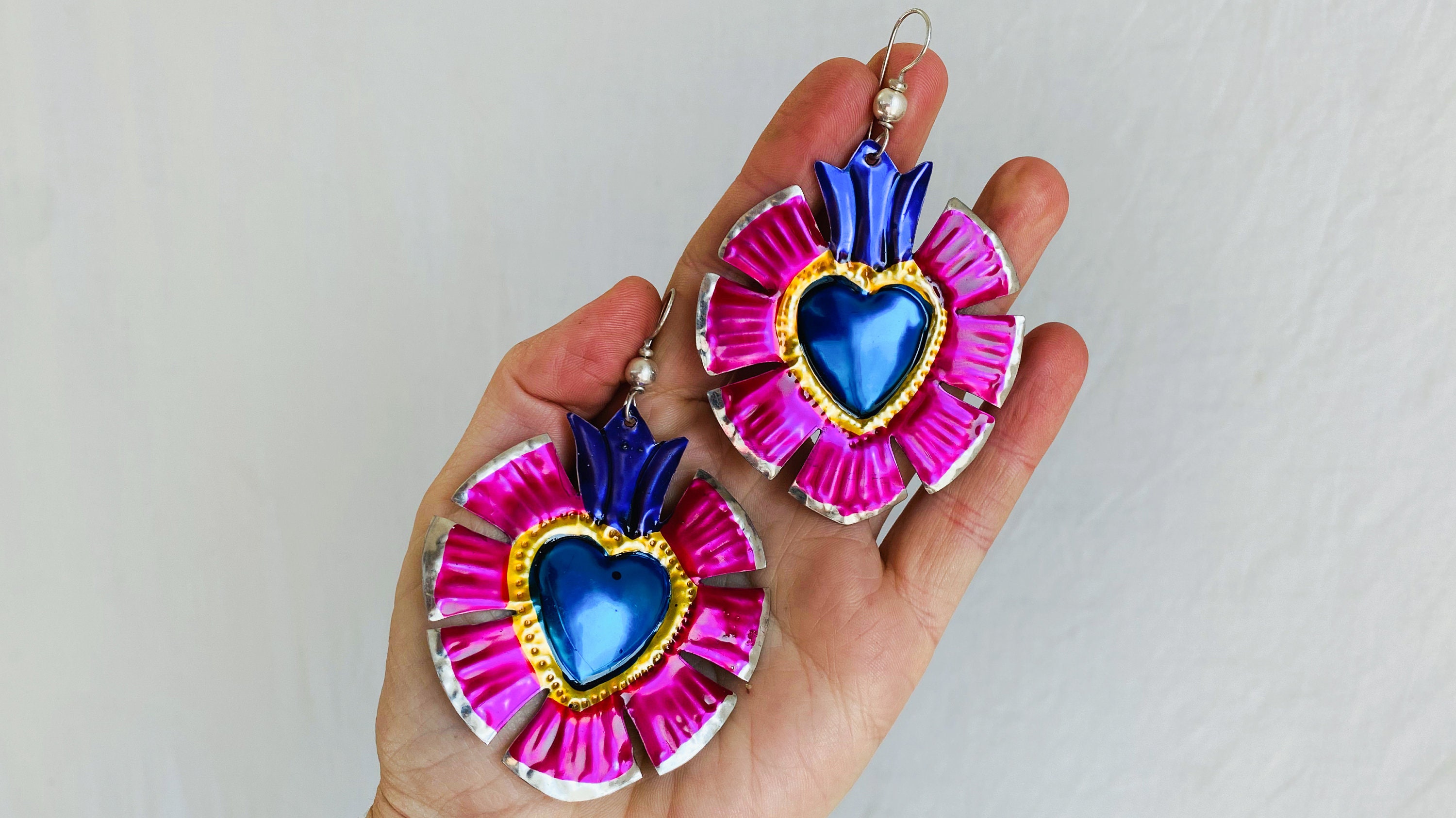 Silver Earwire Hojalata Tin Mexican Heart Earrings 