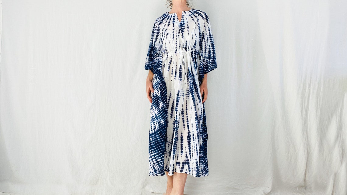Blue - Shibori Tie-Dye Kaftan & Pyjama Night Suit Set
