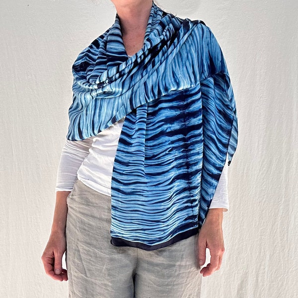 Indigo Shibori Silk Shawl, Wrap, Scarf. Clamp Dye. Gujarat, India.