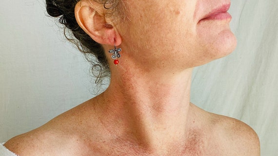 Oaxacan Filigree Earrings. Coral & Silver. Butter… - image 4