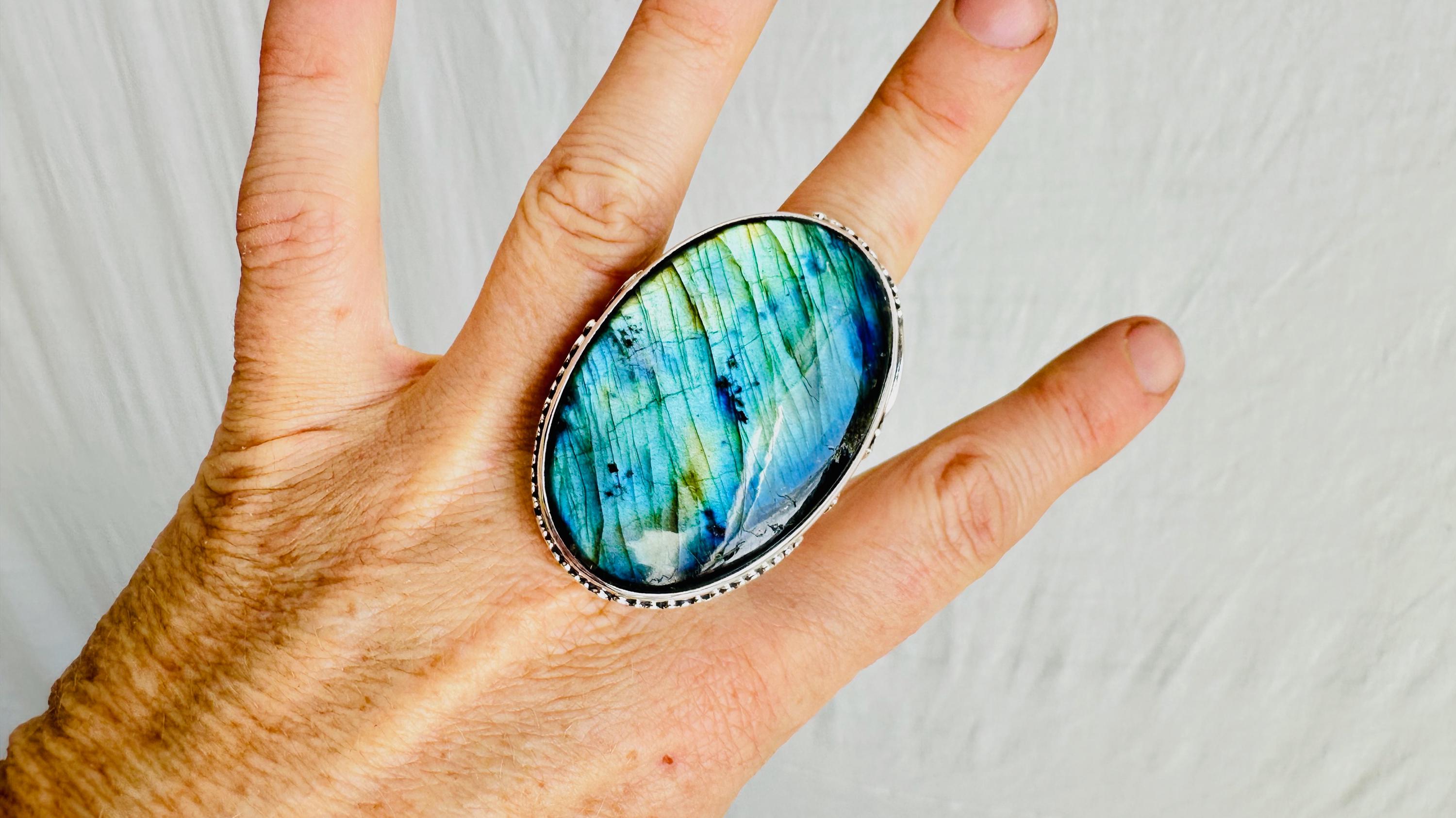 Labradorite Large Eclectic Silver Artisan Hair Pin, 4.4” Blue, Turquoise, Yellow Natural Labradorite Gemstone Multi Stone Flower Blue  main image 3