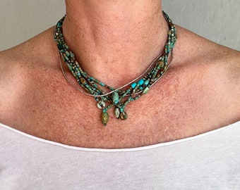 Turquoise Multi-Strand Choker Necklace. Tiny Turquoise Heishi and Sterling Silver. 2297