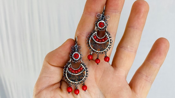 Oaxacan Filigree Earrings with Coral. Sterling Si… - image 2