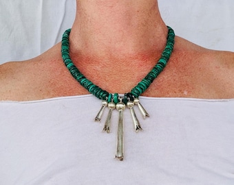 Malachite & Squash Blossom Necklace. Sterling Silver and Natural Malachite. Handmade Designer Jewelry. 4406