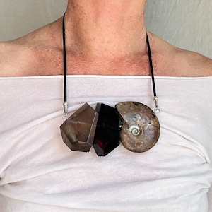 Ammonite and Smoky Quartz Necklace. Sterling Silver & Leather. 0625