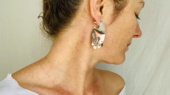 Flat Hoops with Dangles Silver Earrings. Atelier … - image 3