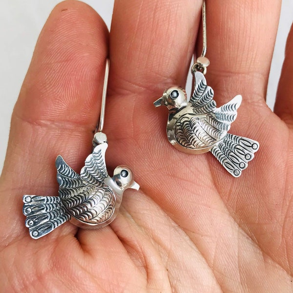 Taxco Silver Love Bird Earrings. Pearl Eyes! 2088