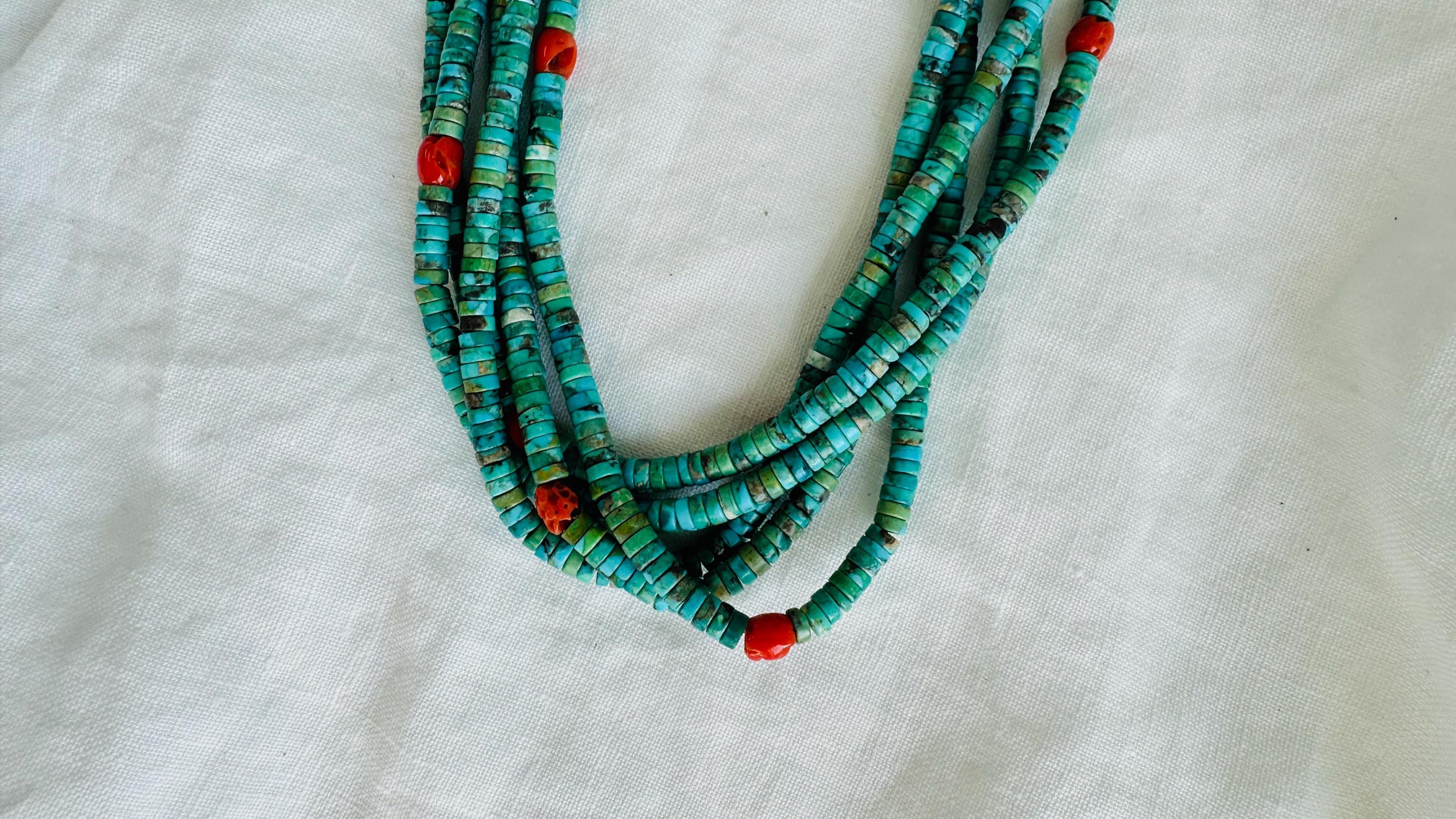 Kewa Pueblo Turquoise & Coral Necklace. Multi-strand Native 