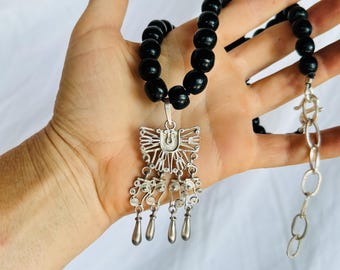 Monte Alban Pendant on Black Jade Necklace. Sterling Silver. Oaxaca, Mexico. Zapoteco. 2848