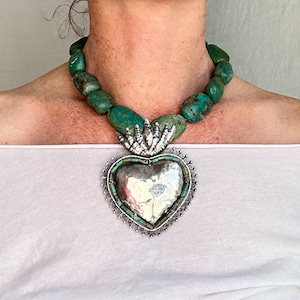 Turquoise Beaded Necklace, Milagro Sacred Heart Pendant. Sterling Silver.