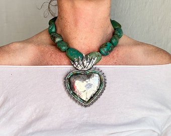 Turquoise Beaded Necklace, Milagro Sacred Heart Pendant. Sterling Silver.